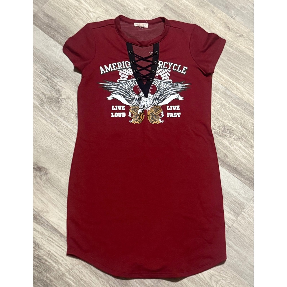 Ultra Flirt American Motorcycle Graphic T-Shirt‎ Dress - Red, Women's small